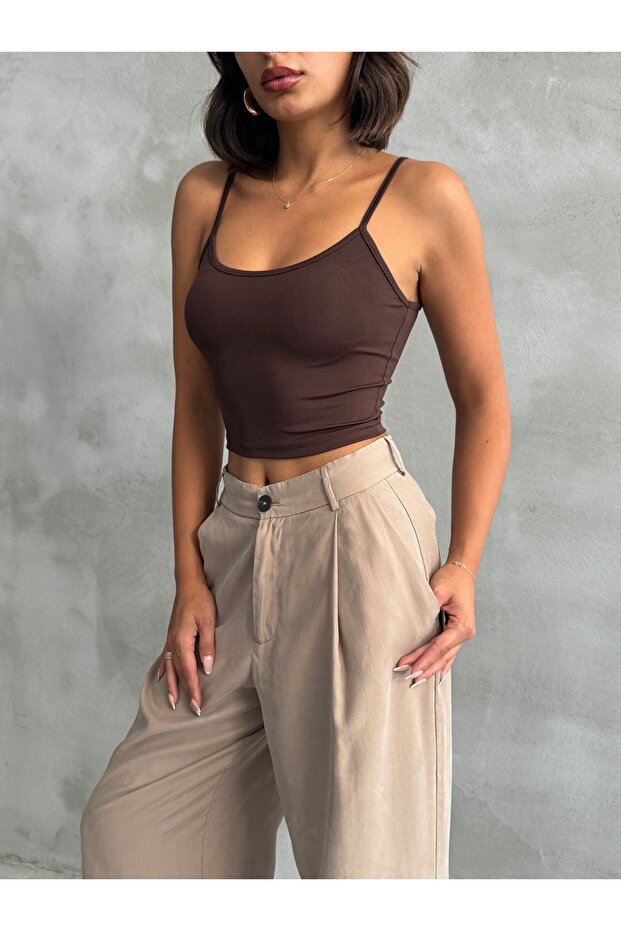 Kadın Kahve Scuba Kumaş İp Askılı Crop Top - 3