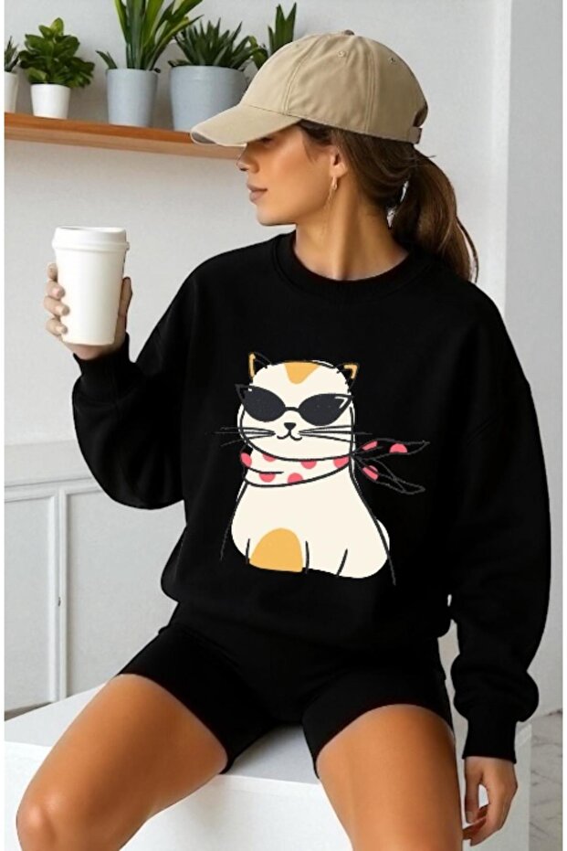 Unisex Long Sleeve Cool Cat Front Transfer Printed Crew Neck Sweatshirt