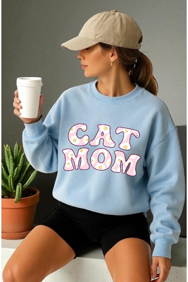 سويت شيرت للجنسين بأكمام طويلة مطبوع عليه Cat Mom Front Transfer وياقة على شكل دراجة