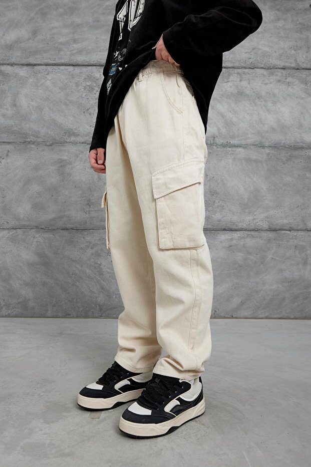 Men's Jean Trousers W11 Gabardine Fabric Panloton Cream Baggy Cargo Pockets Loose Fit