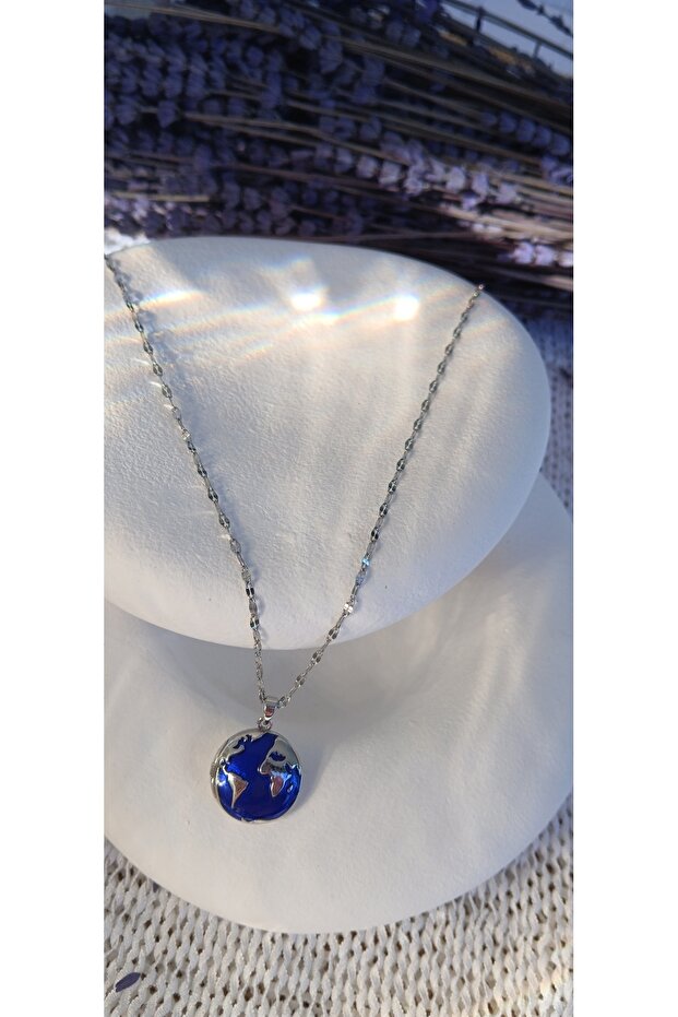 Dünya Detaylı Çelik Kolye - 2