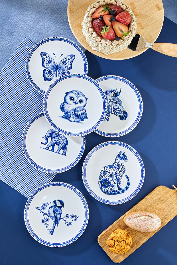 Blue Animal Figured (6 Pieces, 20 cm) Cake or Dessert Plate Set - Modern and Stylish Presentation Plate