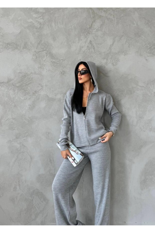 Women's Zippered Hooded Top and Bottom Basic Knitwear Set Casual Knitwear Tracksuit Set