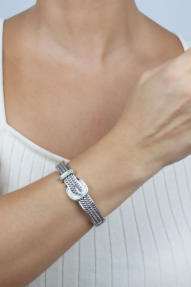 Zircon Stone Steel Handcuff Bracelet