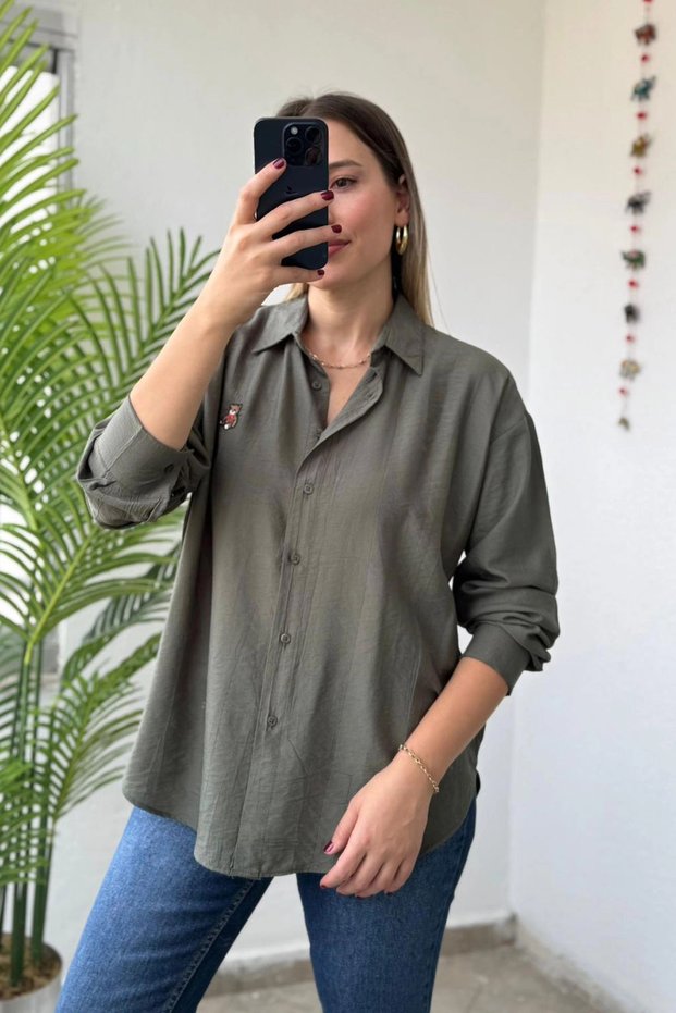 Teddy Bear Embroidered Linen Textured Long Sleeve Khaki Women's Shirt