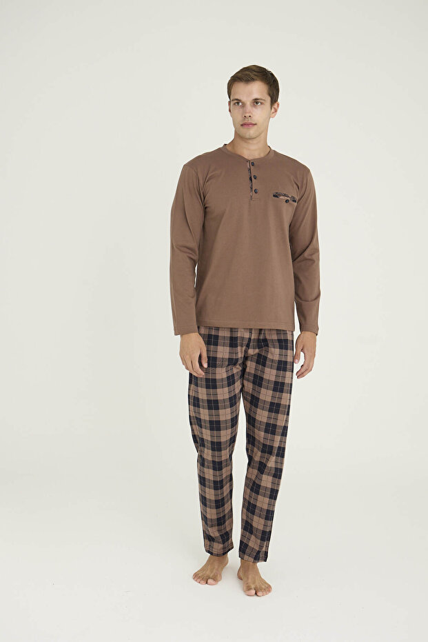 %100 Pamuk Erkek Midi Yaka Pijama Takımı Konforlu Uyku - 8