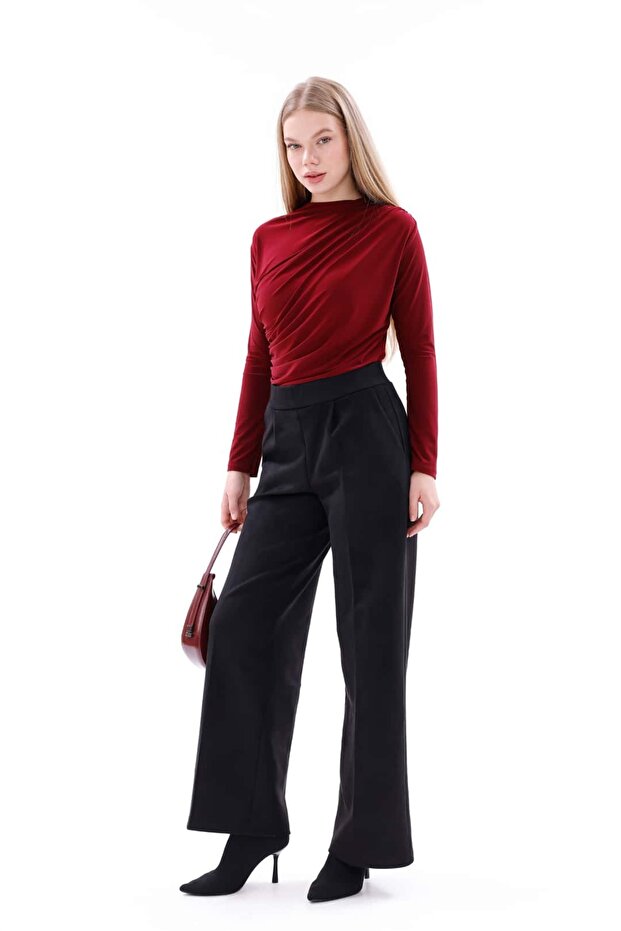Yüksek Bel Geniş Paça Süet Pantolon - 3