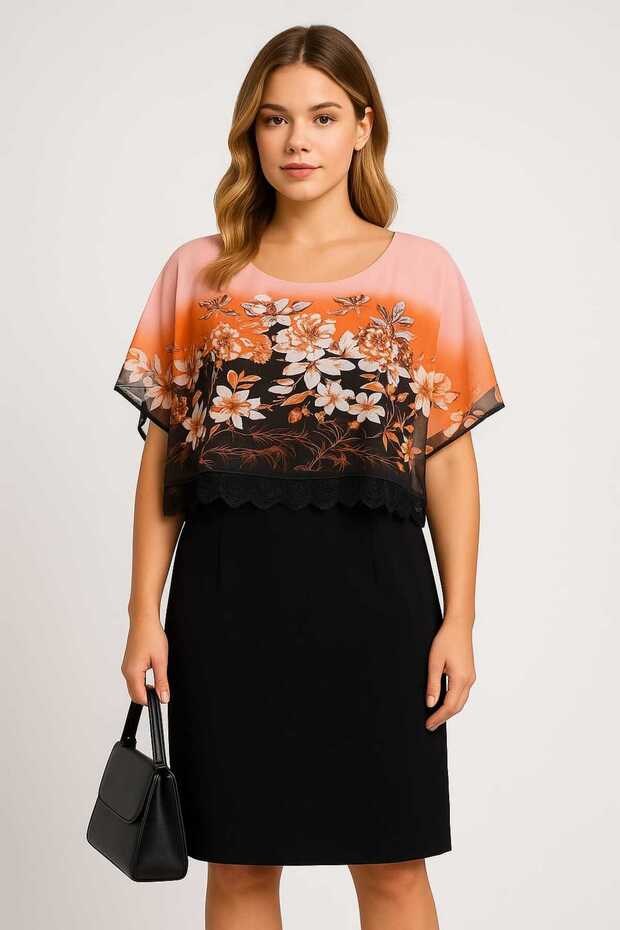 Women's Plus Size Black, Chiffon Floral Print Cape Dress 65N39161
