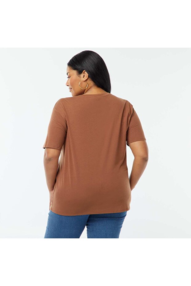 Basic plain V-neck T-shirt BROWN - 4