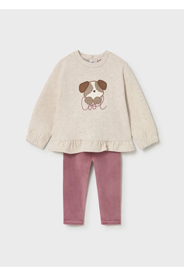 1-4 Years Old Baby Girl Two-Piece Set – Dog Patterned Beige Sweatshirt and Pink Velvet Skinny Leggings