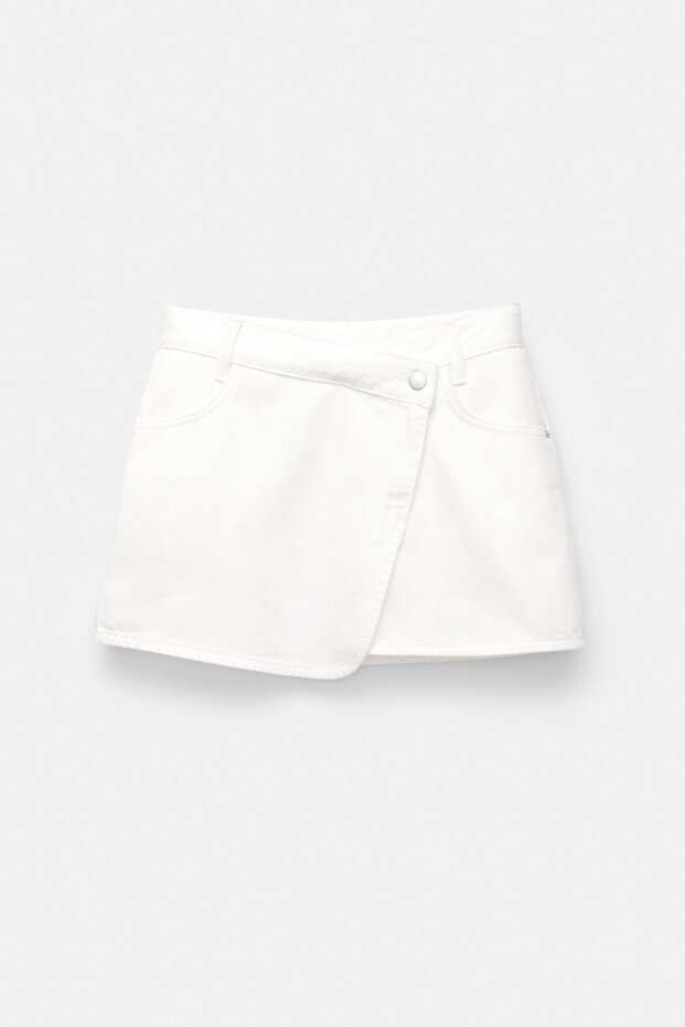 Çapraz denim mini etek - 5