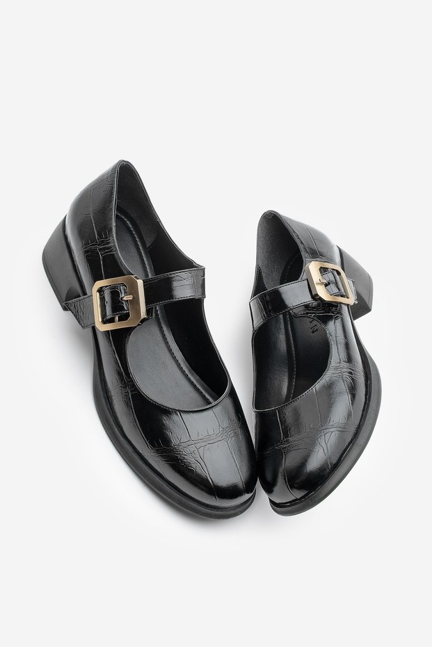 Women's Loafer Buckle Casual Thick Classic Heeled Shoes Meniz Black Croco