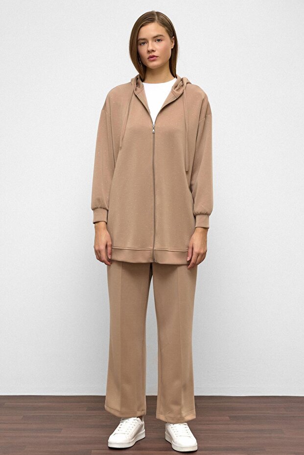 Hooded Zippered Stone Textured Premium Fabric Sweat Pants Set Kamel 9371-Tk