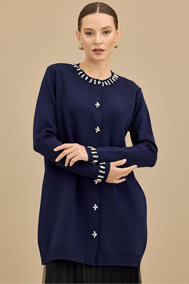 Rayon Jacket with Stone Collar and Front in Dark Blue