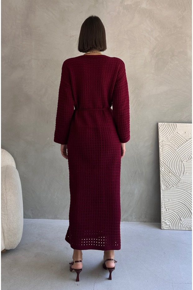 Acurlu Astarlı Bağcıklı Triko Elbise Bordo - 27711 - 5