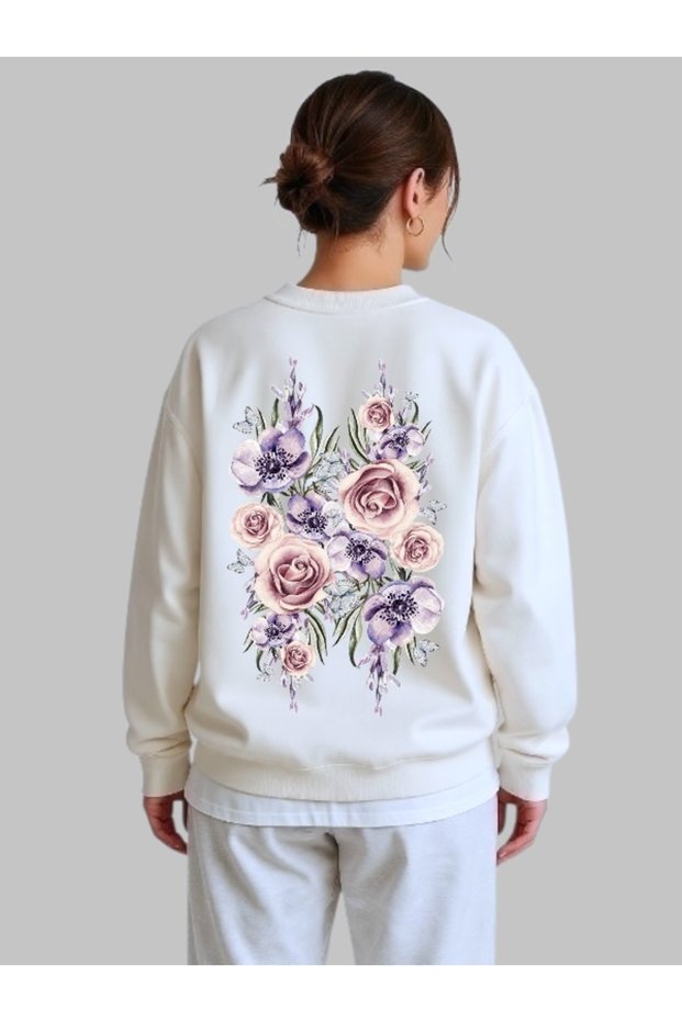 Unisex Long Sleeve Pink Flowers Back Transfer Printed Crew Neck Sweatshirt