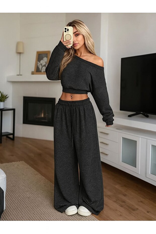 Women's Boat Neck Sweatshirt Sweatpants Double Bottom Top Set
