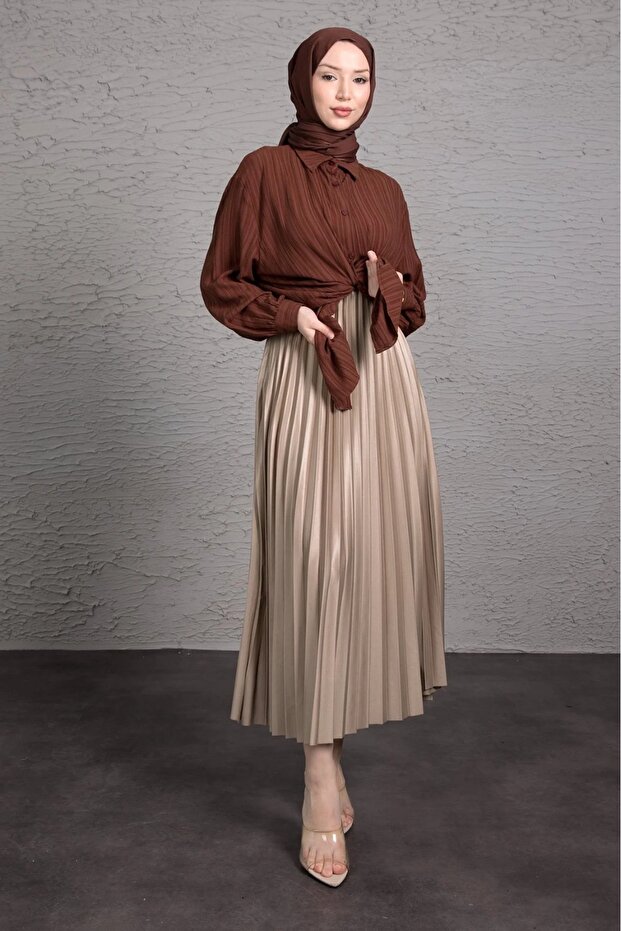 Women's Leather Look Pleated Skirt 88 cm