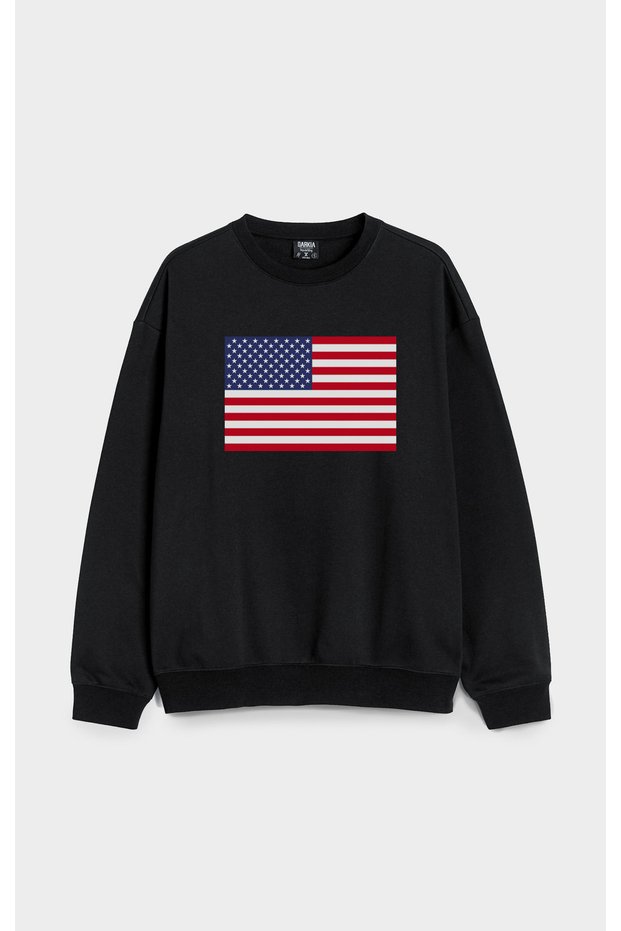 American Flag Printed Crew Neck Hoodless Cotton Oversize Black Sweatshirt
