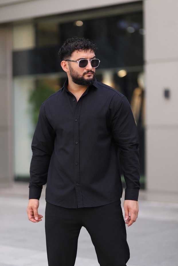 Flam Linen Textured Long Sleeve Black Color Half Oversize Men's Shirt