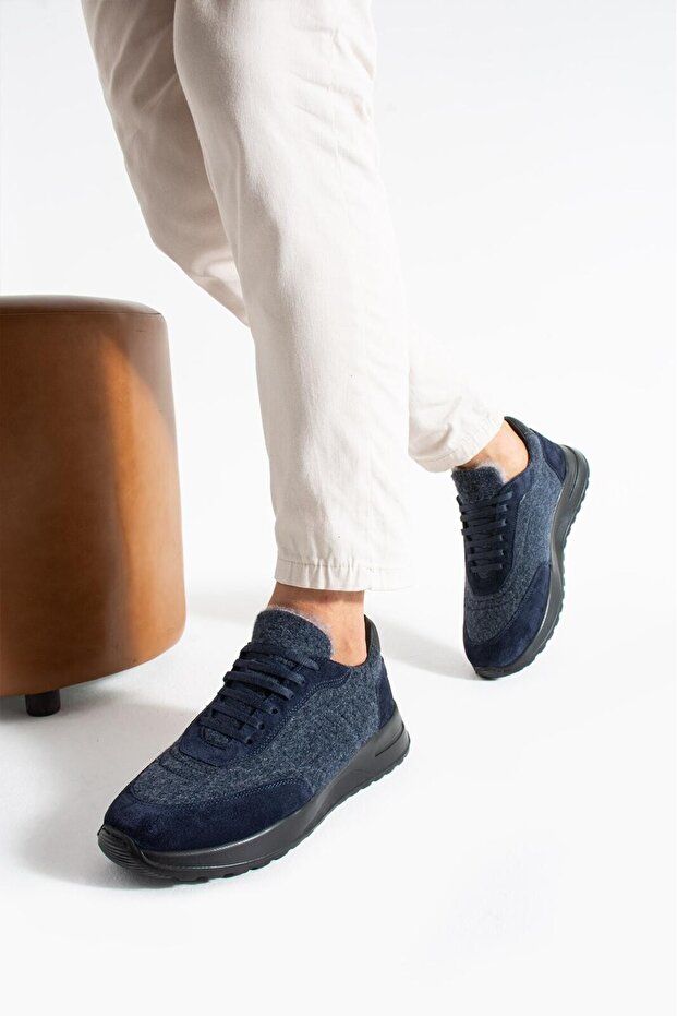 Men's Navy Blue Casual Gray-Suede Shoes
