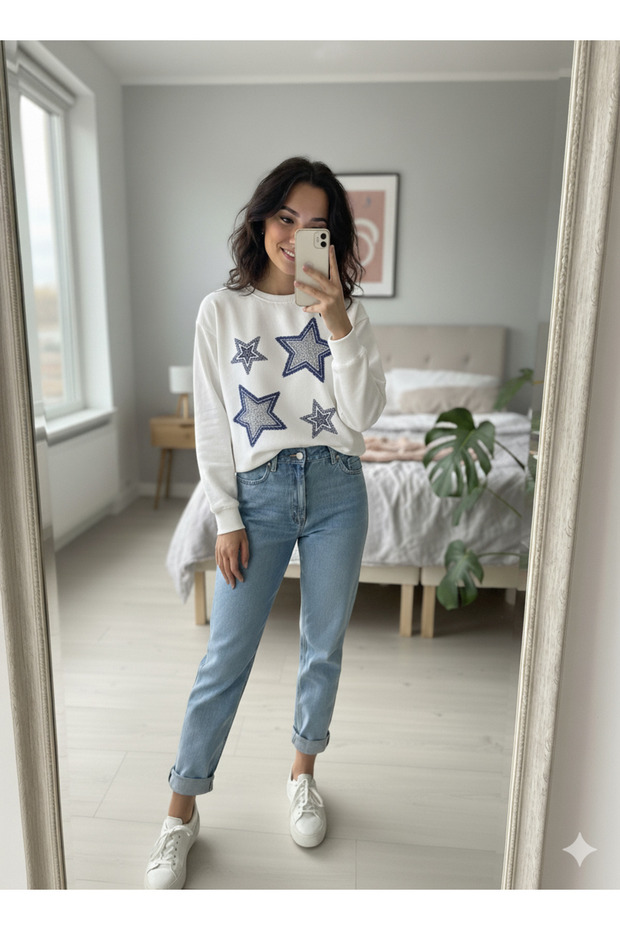 Crew Neck Standard Molded Stone and Printed Women's Sweatshirt