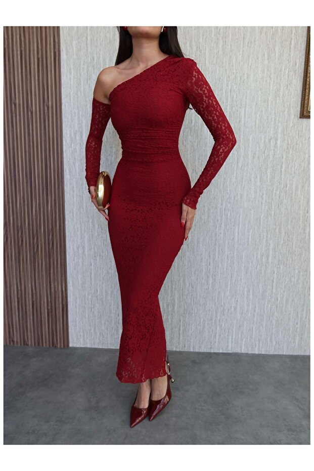 Tek Omuz Dantelli Elbise - 3