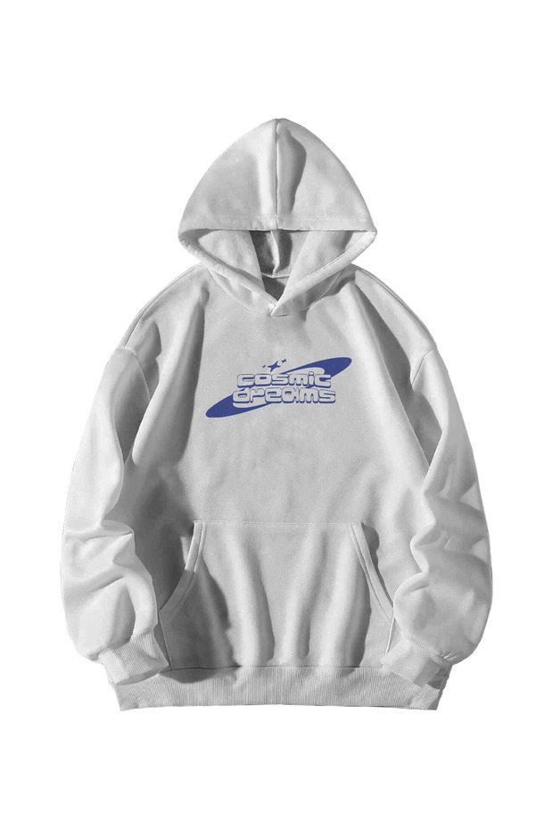 Unisex White Cosmic Dreams Printed Oversize Kangaroo Pocket Hooded Sweatshirt