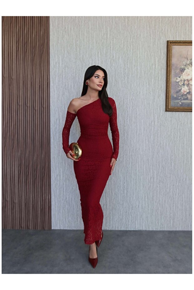 Tek Omuz Dantelli Elbise - 2