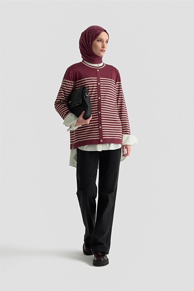 Buttoned Striped Knitwear Sweater 25Ktd4128 Claret Red
