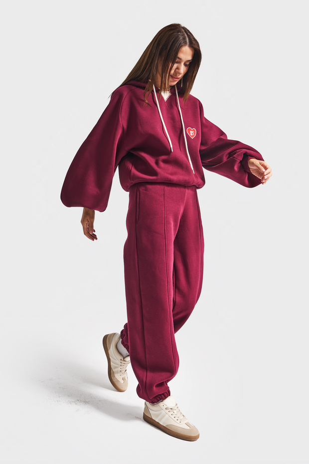 Women's Burgundy Color W5-35 Knitted Fabric Loose Fit Bottom Top 2-Piece Combination Tracksuit Set