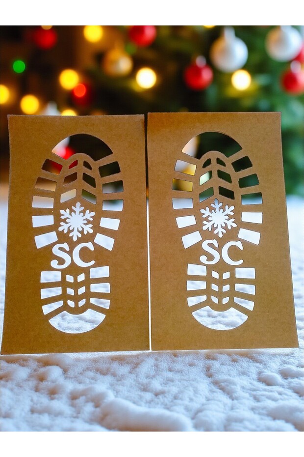 New Year Santa Claus Footprint Mold – Kraft Cardboard Template with Snowflakes and Sc Letters Set of 2 (11×25 cm)