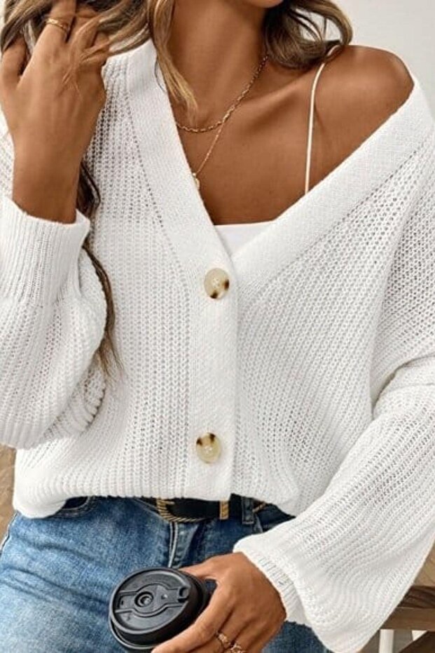 V Yaka Düğmeli Basic Triko Hırka - Beyaz - 3