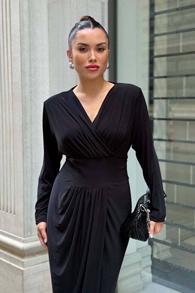 V Yaka Drapeli Elbise - 2