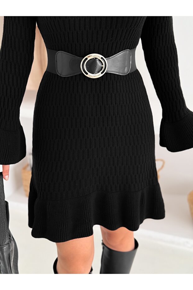 Bisiklet Yaka Fitilli Ve Kemerli Elbise - 4