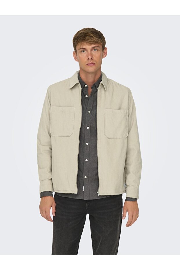 Men's Relaxed Fit Zippered Beige Velvet Jacket - 22029769