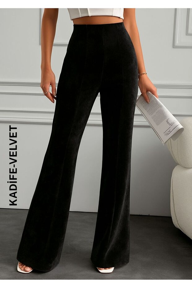 Black Velvet Ribbed Trousers, Regular Waist, Wide Legs, Stylish Casual Design