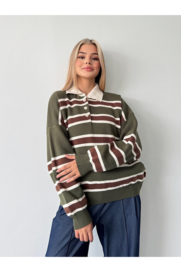 Striped Buttoned Polo Neck Women's Knit Sweater