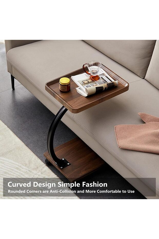 Double Layer End Table, Slim C Shaped Coffee Table, with 360° Rotation Wheel, for Small Space - Stu - 7