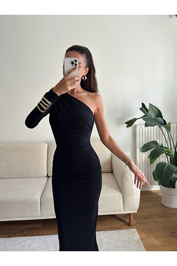 Tek Omuz Drapeli Elbise - SİYAH - 3