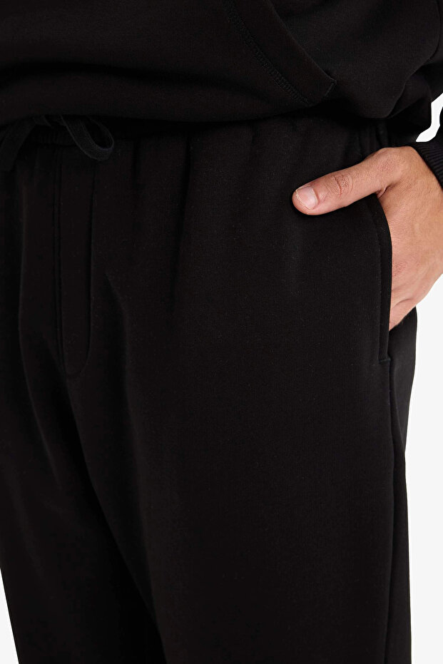 E6326 Siyah Regular Fit Beli Bağcıklı Cepli Paçası Lastikli Şardonlu Basic Düz Jogger Eşofma - 6