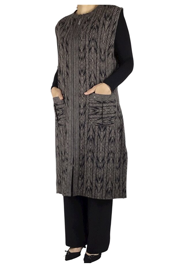 Thick Winter Vest with Front Zipper and Patterned Pockets - 3