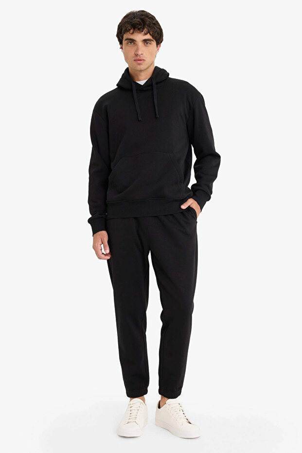 E6326 Siyah Regular Fit Beli Bağcıklı Cepli Paçası Lastikli Şardonlu Basic Düz Jogger Eşofma - 2