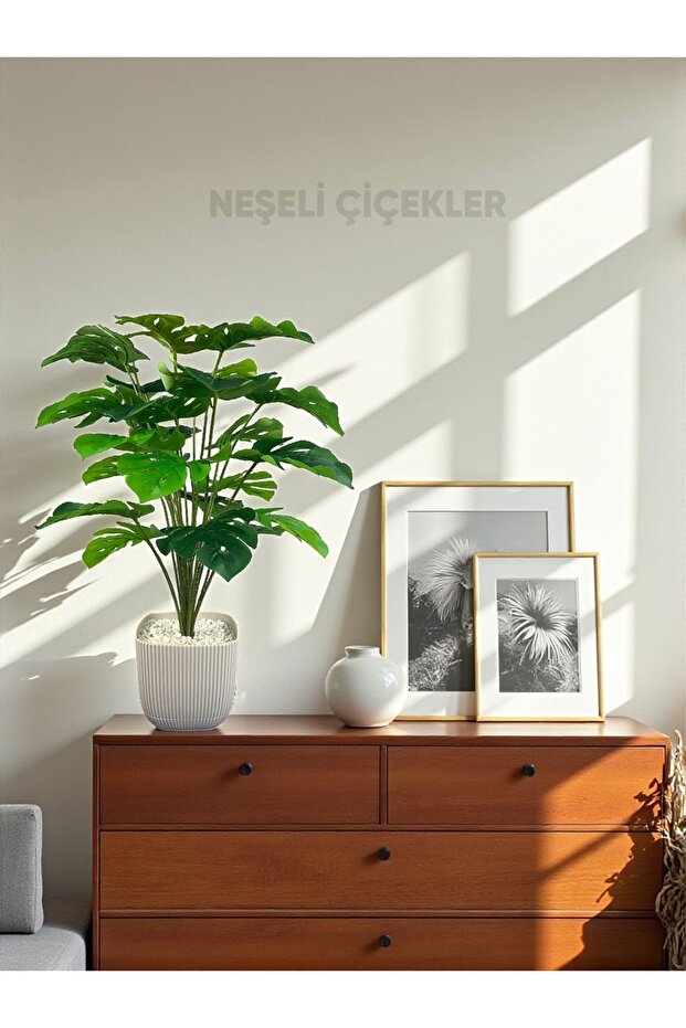 Öğretmenler Günü Hediyesi Yapay Ağaç Monstera Deve Tabanı Bitkisi 24 Yaprak 80 cm Plastik Saksıda - 4
