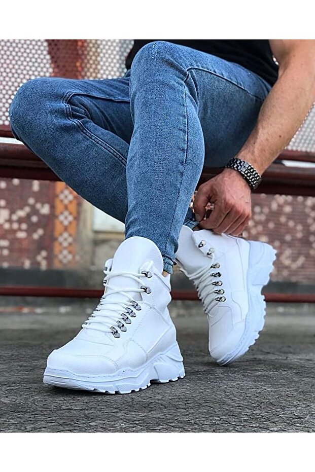 Wg07 Men's Sports Casual Lace-Up Leather Boots Cbt - White