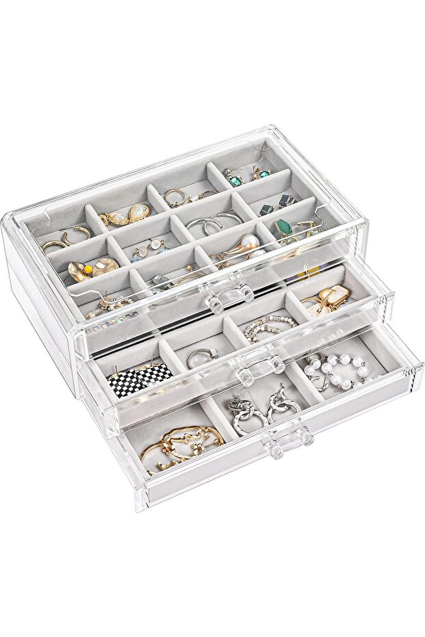 Earring Organizer Jewelry Organizer Box with 3 Drawers, Acrylic Stackable Jewelry Holder Cle