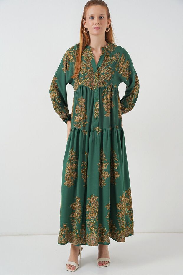 BDART Düğmeli V-Yaka Çiçek Desenli Maxi Elbise - 3