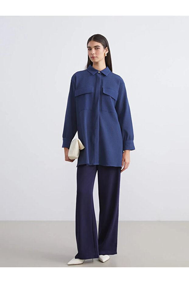 LCW Modest Lacivert Oversize Kadife Kadın Gömlek Tunik - 1