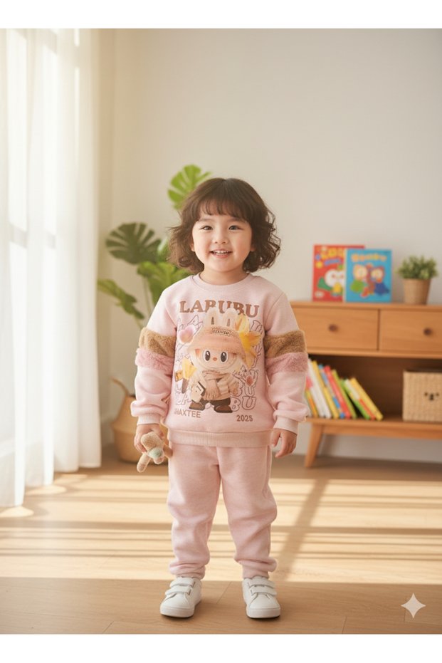 Girl's Plush Detailed Embossed Thick Suit with Pockets 100% Cotton Labubu