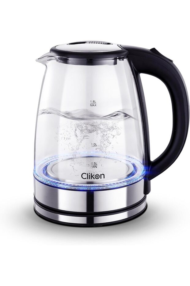 – 1.8 Liter Glass Body Electric Cordless Kettle with 360° Swivel Base, Power Cord Storage,